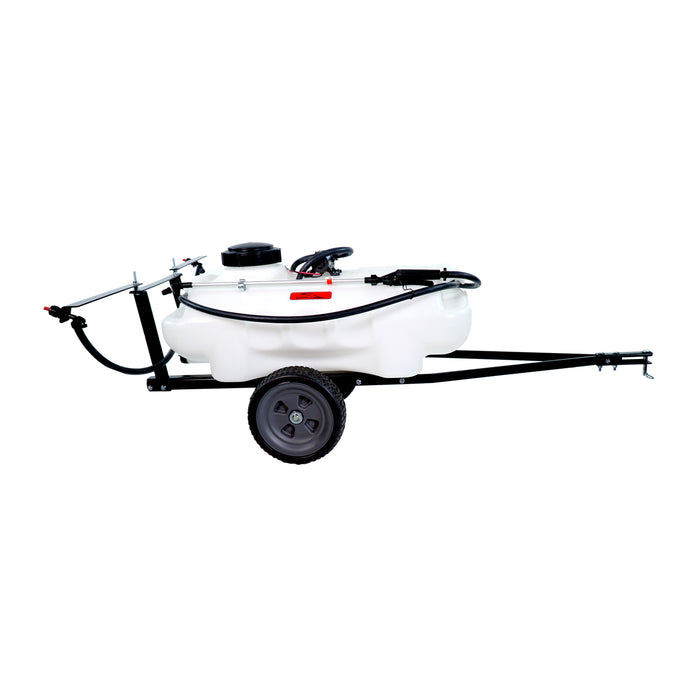 The Brinly Parts 15 Gallon Tow-Behind Sprayer | ST-152BH is a tow-behind garden essential with two black wheels and a long handle, equipped with a hose and nozzle for applying lawn liquids via tractor or ATV.