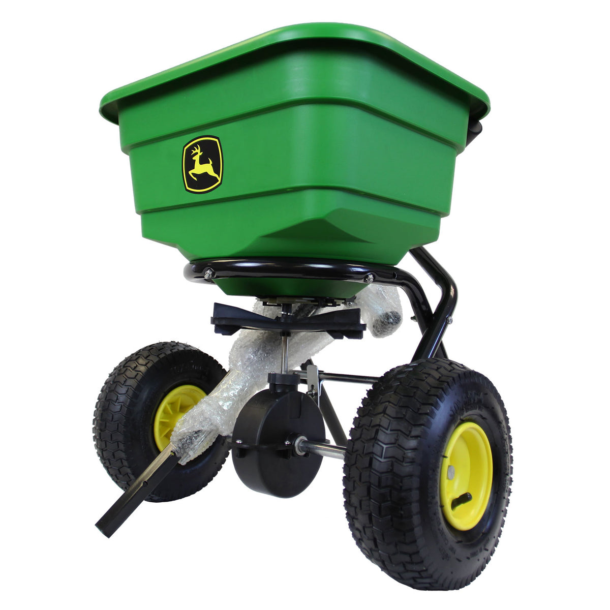 The John Deere All-Season Push Broadcast Spreader (LP31340L/LP31340) features a green poly hopper, black John Deere logo, large yellow and black wheels, and a sturdy frame—ideal for spreading seed or fertilizer with ease.