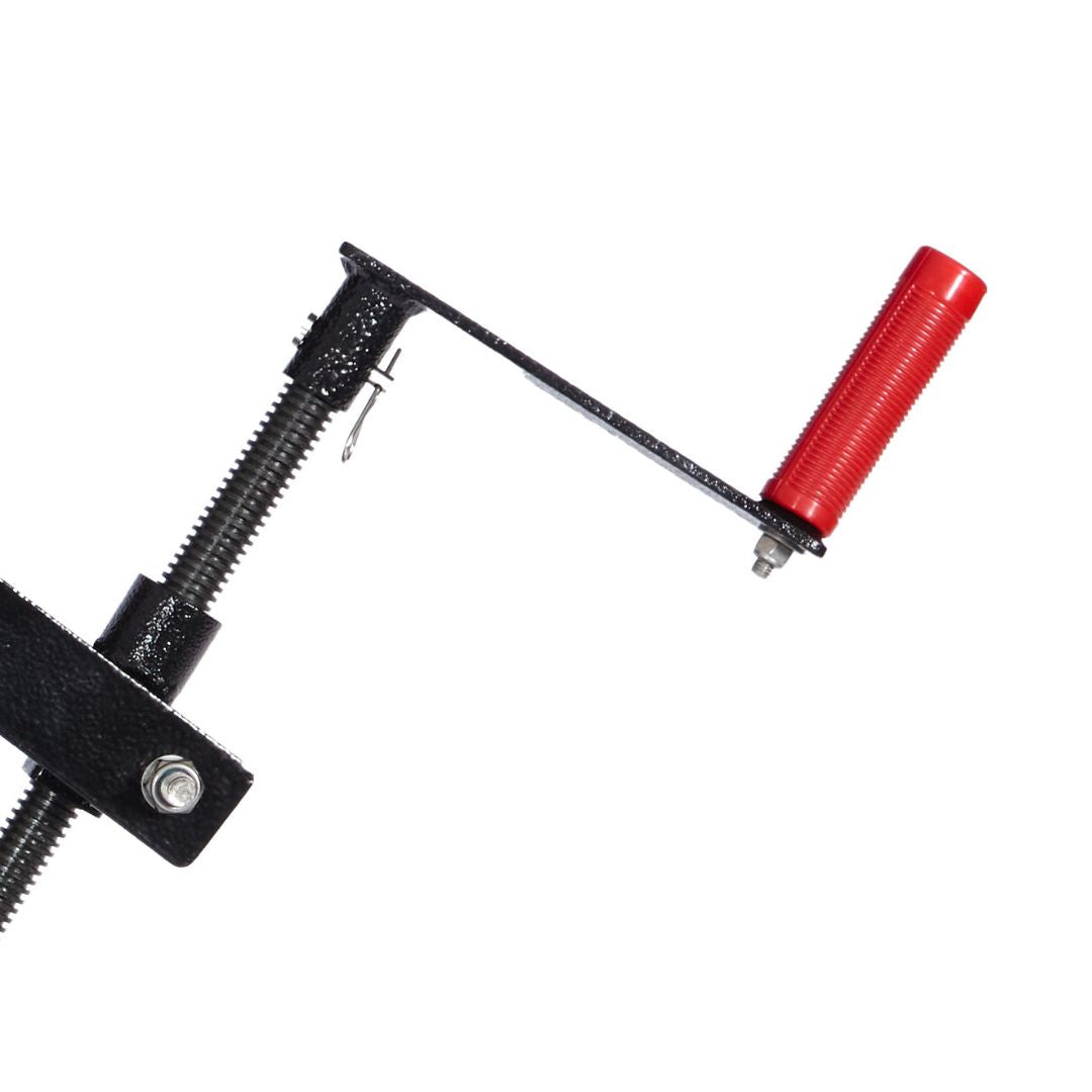 A close-up of the Brinly Parts Universal ATV/UTV One-Point Lift (OPL2-BH) shows its threaded rod, black handle, and red ribbed grip—ideal for use with sleeve hitch or One-Point Lift attachments for Brinly ground engaging products.