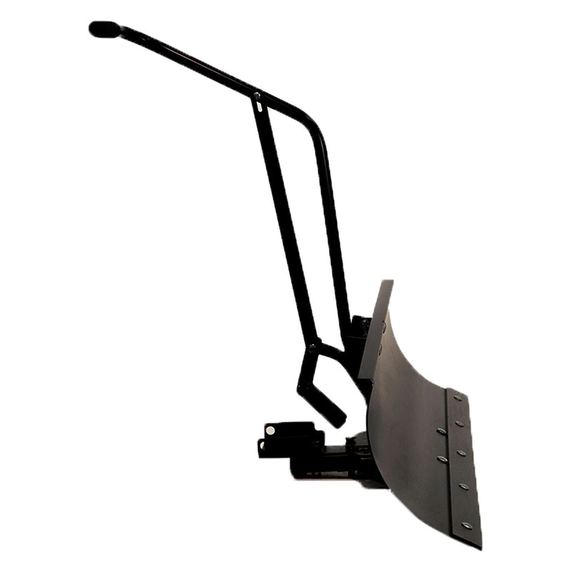 Image of the Brinly Parts Front-Mount Blade for RYOBI Electric ZTRs (FB-42RYZT), featuring a sturdy black handle, a steel blade, and an angled design for easy maneuvering and attachment to RYOBI Electric Zero-Turn Mowers.