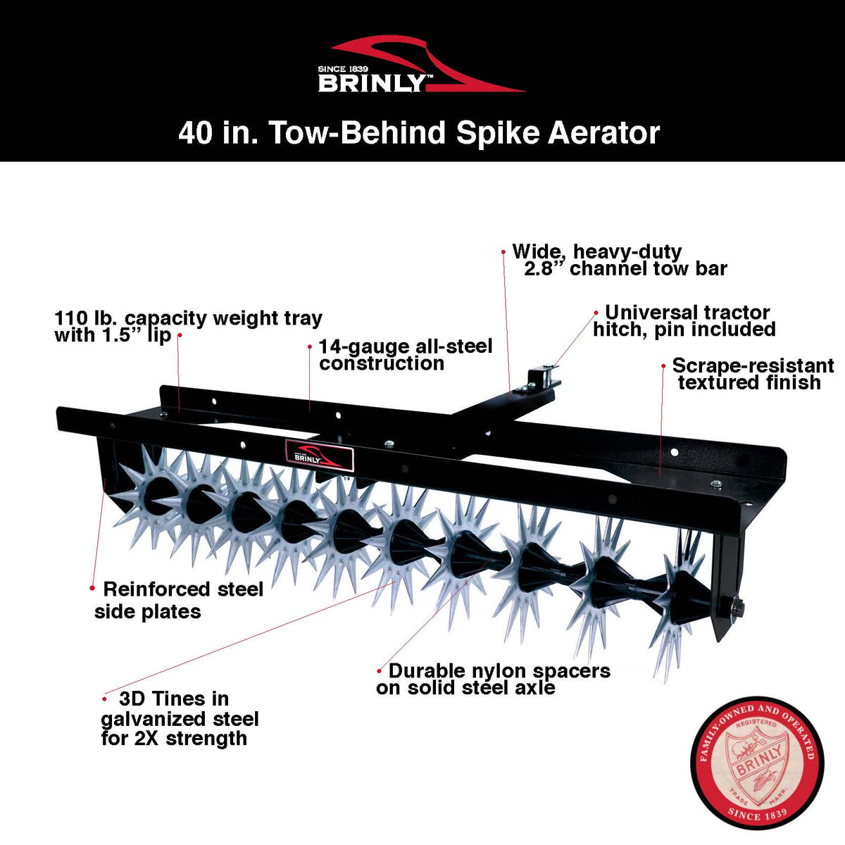 40″ Tow-Behind Spike Aerator with Wide Channel Tow Bar | SA2-40BH-G