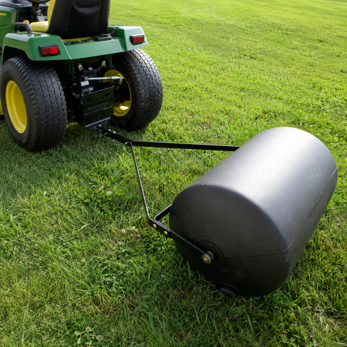 A Brinly Parts 28 Gallon Push or Tow Poly Lawn Roller (PRC-243BH) is attached to the back of a green riding lawn mower and is being used on a grassy lawn.