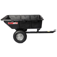 The Brinly Parts 10 Cu. Ft. Poly Cart (PCT-101BH) features two large rubber tires and a tow handle, easily attaching to a lawn tractor or ATV for versatile material transport around your yard.