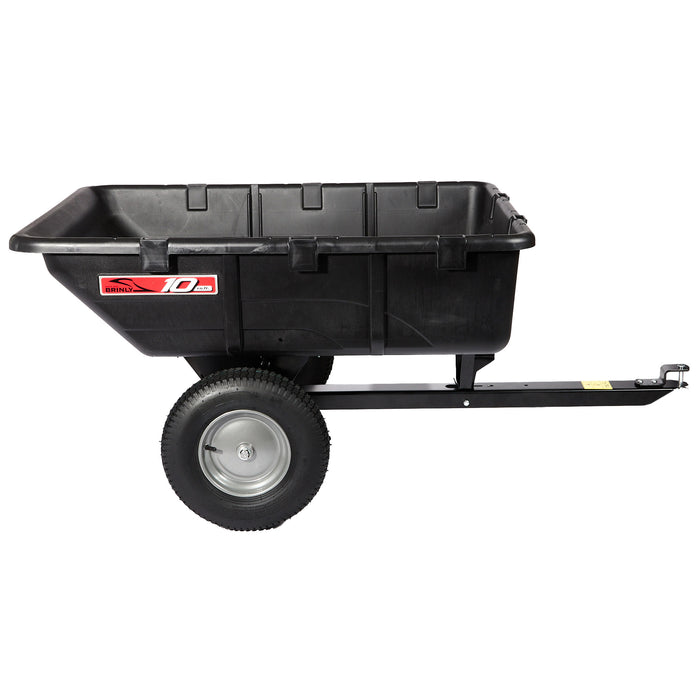 The Brinly Parts 10 Cu. Ft. Poly Cart (PCT-101BH) features two large rubber tires and a tow handle, easily attaching to a lawn tractor or ATV for versatile material transport around your yard.