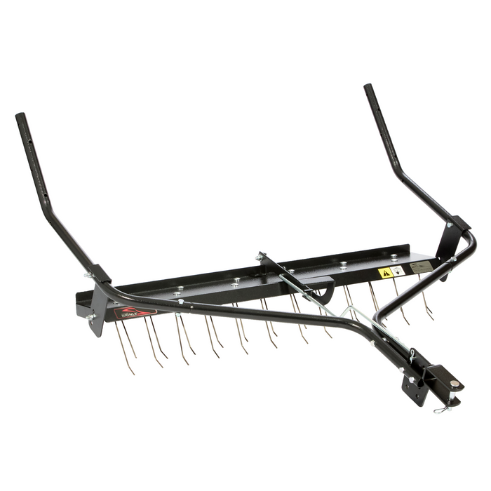 The Brinly Parts Dethatcher Kit for Brinly 42" Lawn Sweepers (DK2-42BH) features curved tines and angled handles, ideal for dethatching or spreading gravel, soil, and more with lawn tractors or ATVs.
