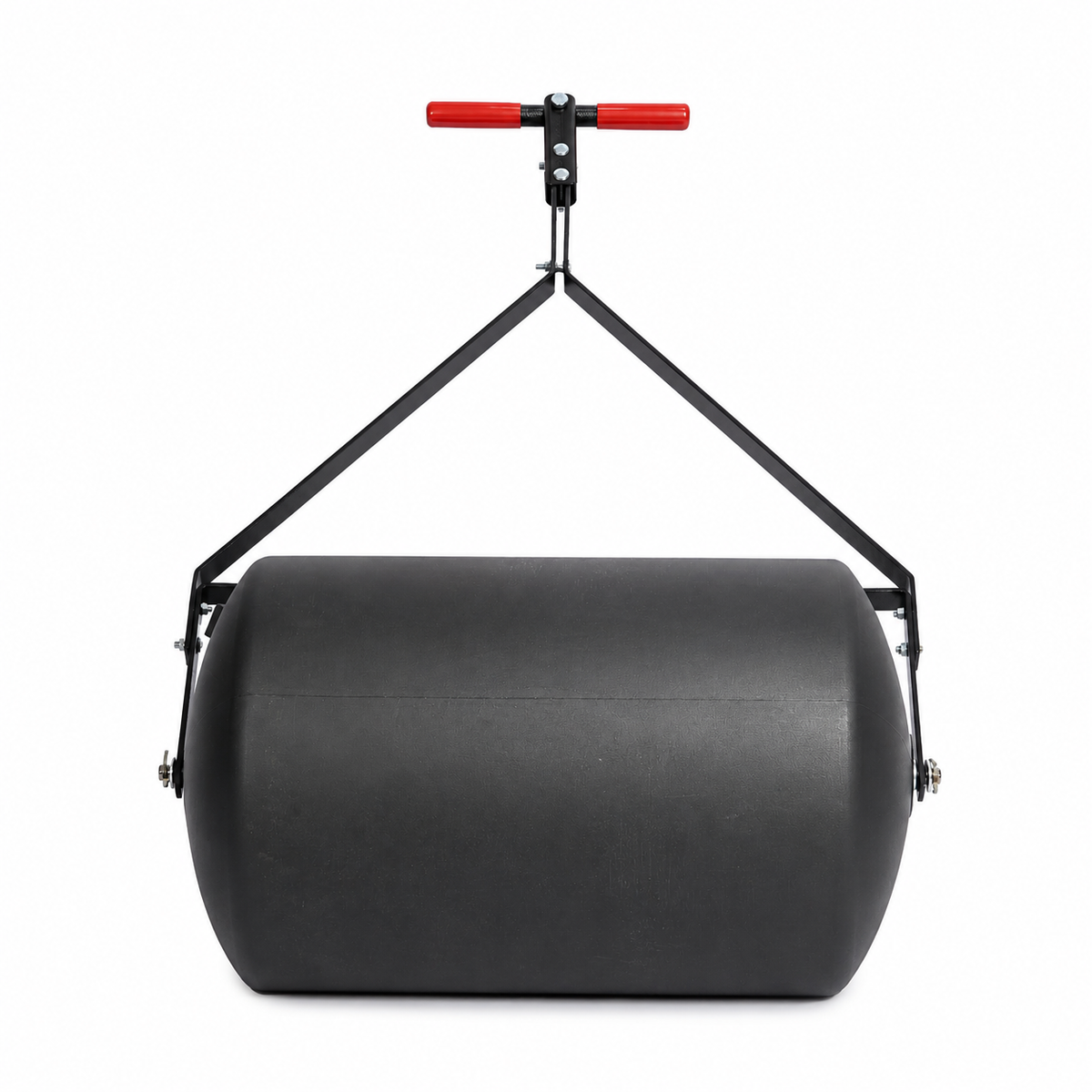 The Brinly Parts 28 Gallon Push or Tow Poly Lawn Roller (PRC-243BH), featuring a durable black cylindrical drum and a sturdy red-handled metal frame, is shown against a white background—this versatile tool is ideal for achieving a smooth and even lawn.
