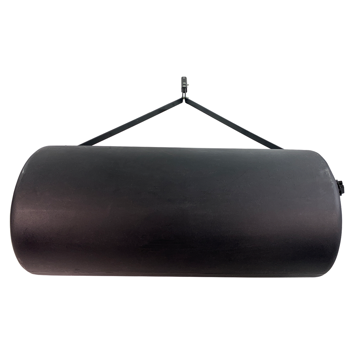 A 42-gallon Brinly Parts tow-behind poly roller, akin to a hefty lawn tractor accessory, hangs prominently. Its sleek black surface is supported by two straps, contrasting the plain white backdrop that accentuates its robust cylindrical form.