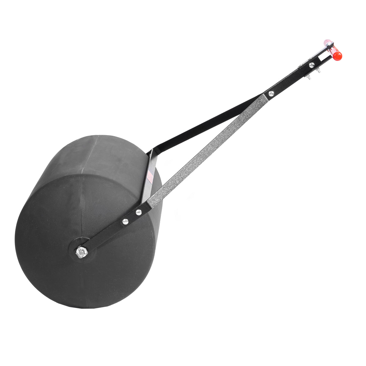 The Brinly Parts 28 Gallon Push or Tow Poly Lawn Roller (PRC-243BH) with a cylindrical drum and long handle is shown on a white background, designed for flattening soil or grass.