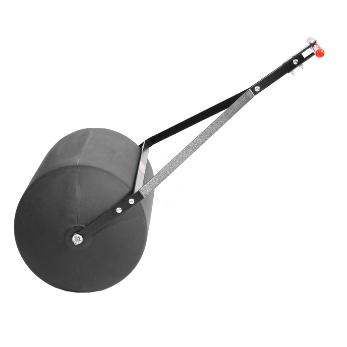 The Brinly Parts 28 Gallon Push or Tow Poly Lawn Roller (PRC-243BH) with a cylindrical drum and long handle is shown on a white background, designed for flattening soil or grass.