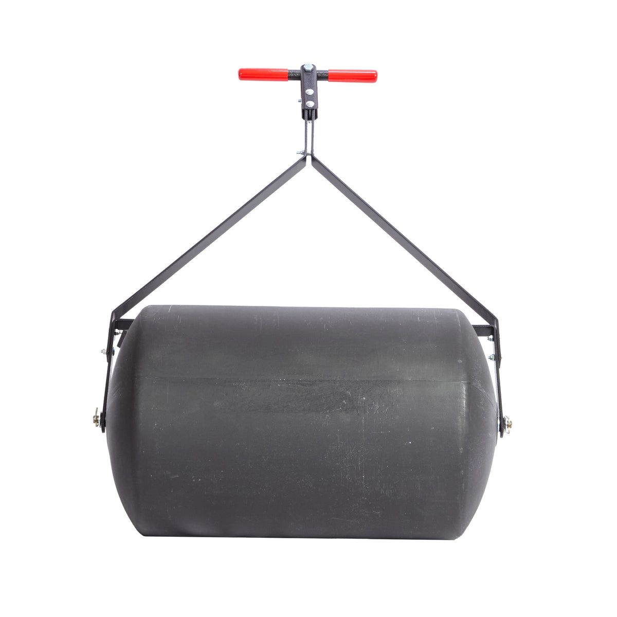 The Brinly Parts 28 Gallon Push or Tow Poly Lawn Roller (PRC-243BH) features a cylindrical drum and a metal handlebar with a red grip, shown against a white background.