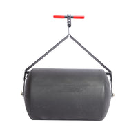 The Brinly Parts 28 Gallon Push or Tow Poly Lawn Roller (PRC-243BH) features a cylindrical drum and a metal handlebar with a red grip, shown against a white background.