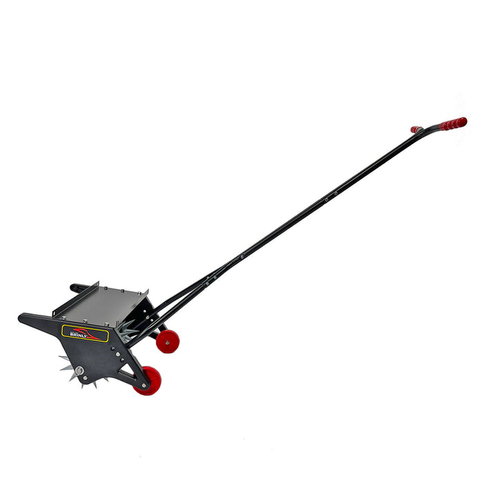 The Brinly Parts 20 Push Spike Aerator features a long black handle with red grips, small red wheels for maneuverability, and a metal spike roller for efficient soil perforation. Its adjustable handle ensures comfort and control, while durable 3D galvanized steel tines ensure longevity.