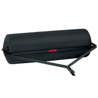 The Brinly Parts 54 Gallon Tow-Behind Poly Roller (PRT-482SBH) features a black cylindrical shape with a metal handle, ideal for smoothing lawns, and its rust-free poly drum ensures durability and efficiency.