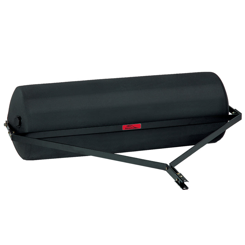 The Brinly Parts 54 Gallon Tow-Behind Poly Roller (PRT-482SBH) features a black cylindrical shape with a metal handle, ideal for smoothing lawns, and its rust-free poly drum ensures durability and efficiency.