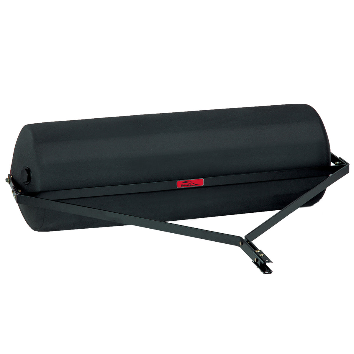 The Brinly Parts 54 Gallon Tow-Behind Poly Roller (PRT-482SBH) features a cylindrical black drum with a 485 lb. capacity and a metal tow bar for easy attachment to your lawn tractor.