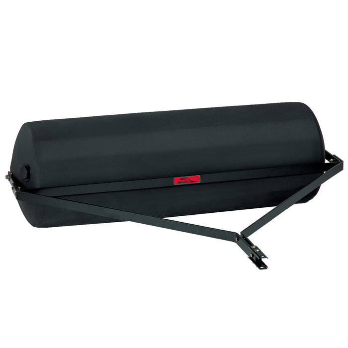 The Brinly Parts 54 Gallon Tow-Behind Poly Roller (PRT-482SBH) features a cylindrical black drum with a 485 lb. capacity and a metal tow bar for easy attachment to your lawn tractor.