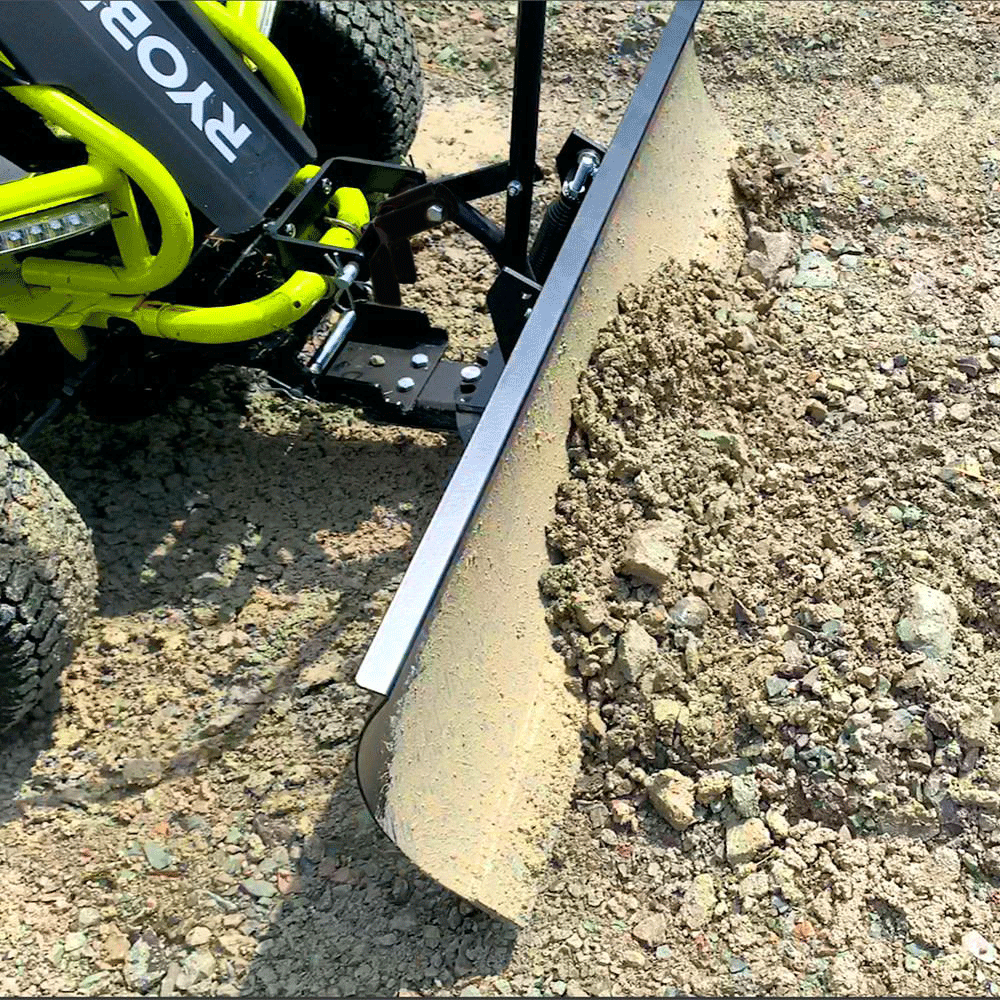 The Brinly Parts 42 in. Front Mount Blade for the RYOBI 38 Electric Riding Mower (FB-42RY) efficiently pushes dirt and rocks with its flat metal blade, while its off-road wheels handle gravel surfaces effortlessly, making it ideal for landscaping or construction tasks.