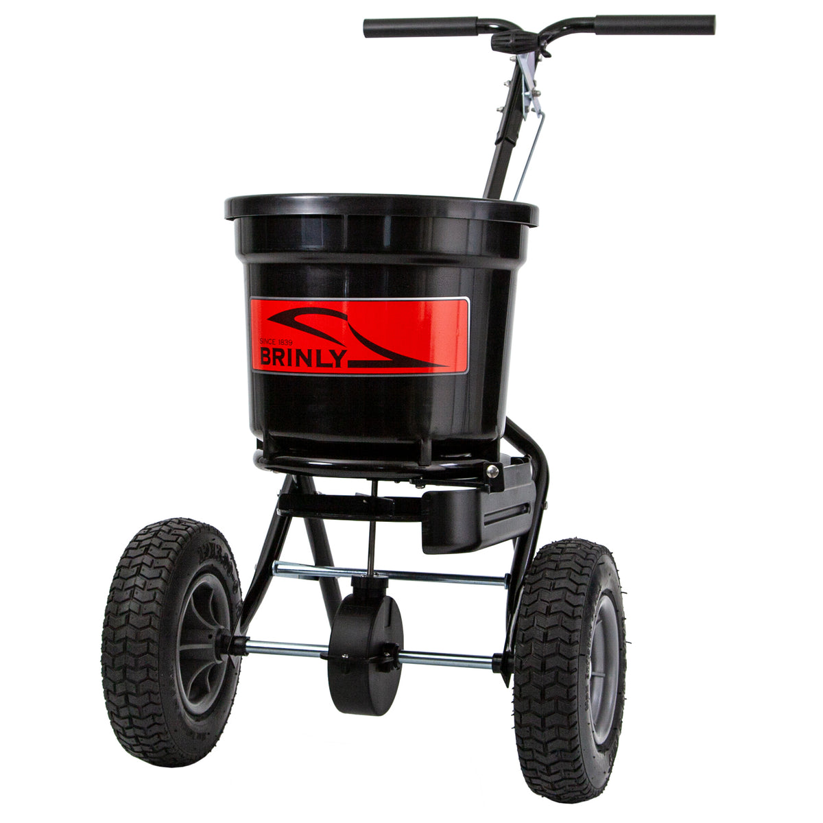 The Brinly Parts 50 LB. Push Spreader with Deflector Kit | P20-500BHDF is a black heavy-duty spreader featuring a red front label, large wheels, and an ergonomic handlebar. It has a bucket on a sturdy metal frame with a distribution mechanism at the base and an optional deflector kit for precise spreading.