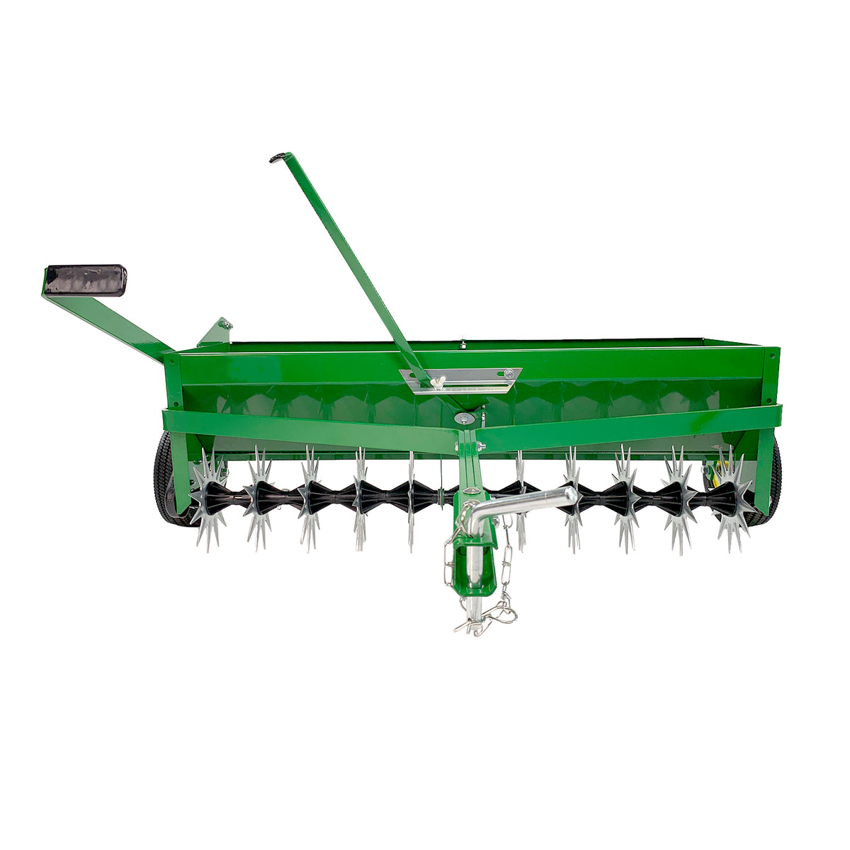 The John Deere 2-in-1 Aerator Spreader with Weight Tray (LPAS40JD/AS-400JD) features spiked wheels, a large hopper, and a tow bar for easy vehicle attachment; shown from the front against a white background.