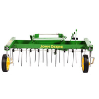 John Deere 38" Front-Mount Dethatcher (LP48004) in signature green and yellow colors features durable metal tines and wheels, shown from the front against a white background—an essential John Deere tool for effective lawn maintenance.