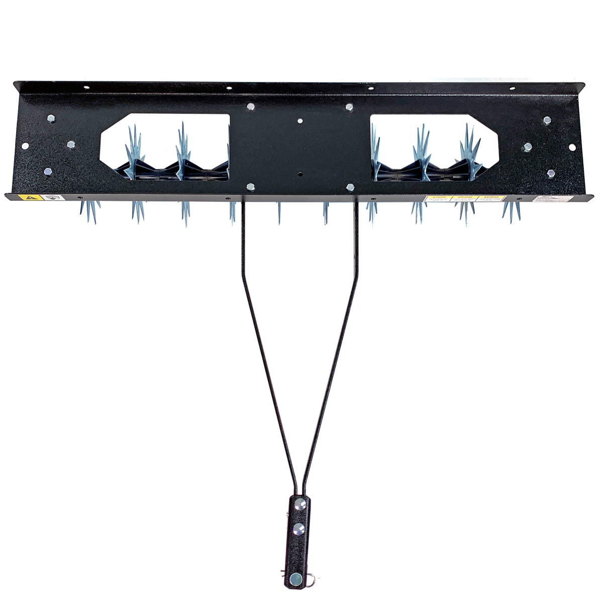 The Brinly Parts 40" Tow-Behind Spike Aerator (SA2-40BH-P2) features three rows of spiked wheels and an extra-strength double tow bar, easily hitching to your lawn tractor for efficient aeration with a sturdy black metal frame.