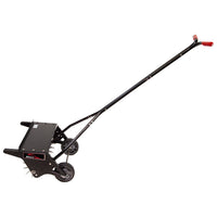 The Brinly Parts 20 Push Spike Aerator with 3D galvanized steel tines features a long handle, red grips, spiked wheel, and a small weight platform—perfect for pushing across your lawn for effective soil aeration.