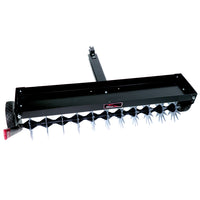 The Brinly Parts 40″ Tow-Behind Spike Aerator, model SAT2-40BH-G, features a black metal frame with spiked rollers for efficient lawn aeration. It easily connects to tractors or mowers and includes a reflective red marker for visibility.