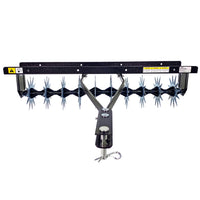 The Brinly Parts 40" Tow-Behind Spike Aerator with Extra-Strength Double Tow Bar (SA2-40BH-P2) features two rows of spiked wheels, a durable tow bar with hitch pin, and safety labels—perfect for lawn tractors or ATVs.