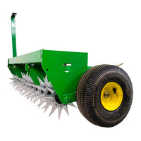 The John Deere 40 Spike Aerator, model LPSAT40JD/SAT-400JD, features sharp galvanized steel stars and large black rubber wheels. Its designed for tractor or mower use and stands upright, highlighting its spiked cylinders and sturdy construction.