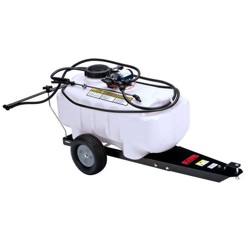 The Brinly Parts 25 Gallon Tow-Behind Sprayer (ST-251BH) features a white tank, black hose, two wheels, and a sturdy black metal frame with a hitch for easy towing. It includes Ultra Lo-Drift™ Spray Tips for precise liquid fertilizer application and even coverage.