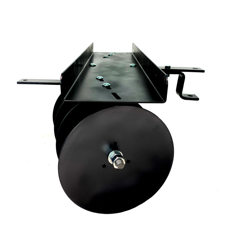 The Brinly Parts Sleeve Hitch Disc Harrow | DD-551BH features a black metal spool with a cylindrical drum mounted on a bolt-secured bracket. The bracket includes angled extensions, and the drum has a hexagonal bolt on its face, all presented on a plain white background.