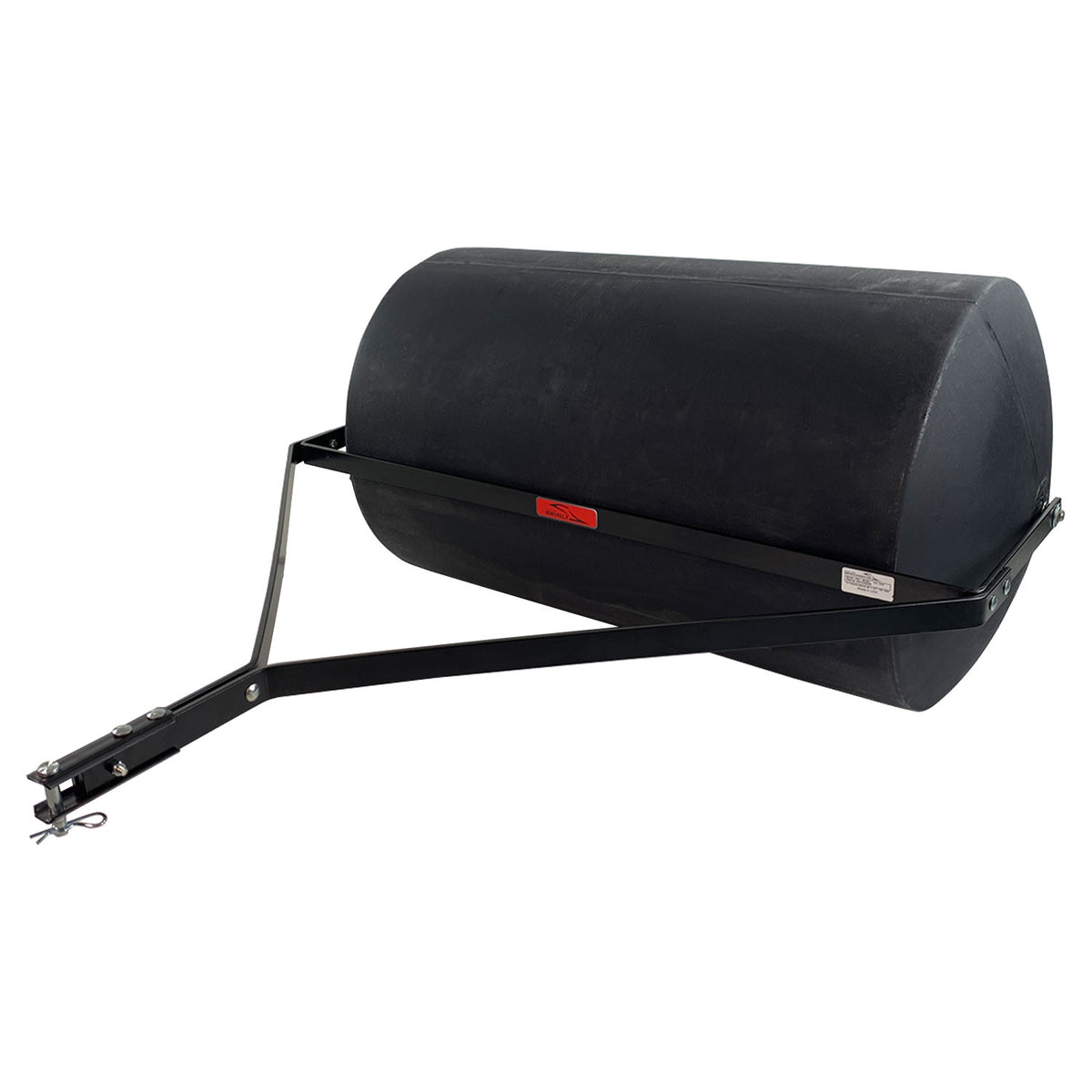 The Brinly Parts 76 Gallon Tow-Behind Poly Roller | PRT-362BH is a black roller with a polyethylene drum and metal handle. It has a 36 width, easily attaches to lawn tractors via a hitch pin, and is perfect for leveling and compacting soil efficiently.