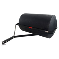 The Brinly Parts 76 Gallon Tow-Behind Poly Roller (PRT-362BH) features a durable polyethylene drum and metal frame with tow bar, designed for easy attachment to lawn tractors or mowers for effective lawn rolling on grass or soil.