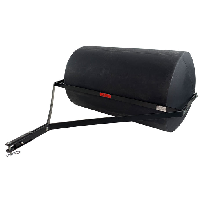 The Brinly Parts 76 Gallon Tow-Behind Poly Roller (PRT-362BH) features a durable polyethylene drum and metal frame with tow bar, designed for easy attachment to lawn tractors or mowers for effective lawn rolling on grass or soil.
