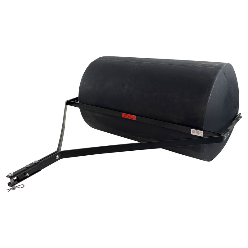 The Brinly Parts 76 Gallon Tow-Behind Poly Roller (PRT-362BH) features a durable polyethylene drum and metal frame with tow bar, designed for easy attachment to lawn tractors or mowers for effective lawn rolling on grass or soil.