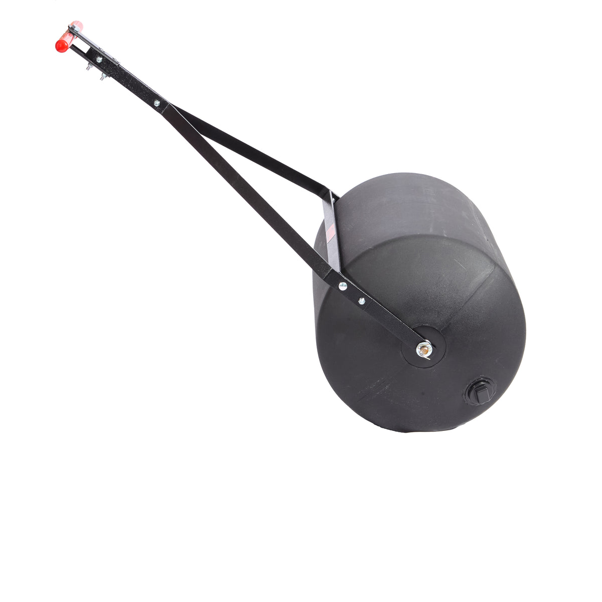 The Brinly Parts 28 Gallon Push or Tow Poly Lawn Roller (PRC-243BH) is a black cylindrical roller with a metal tow handle and red hitch, designed for flattening soil or grass, shown on a white background.