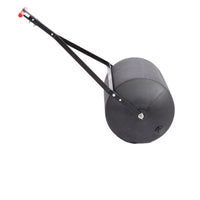 The Brinly Parts 28 Gallon Push or Tow Poly Lawn Roller (PRC-243BH) is a black cylindrical roller with a metal tow handle and red hitch, designed for flattening soil or grass, shown on a white background.