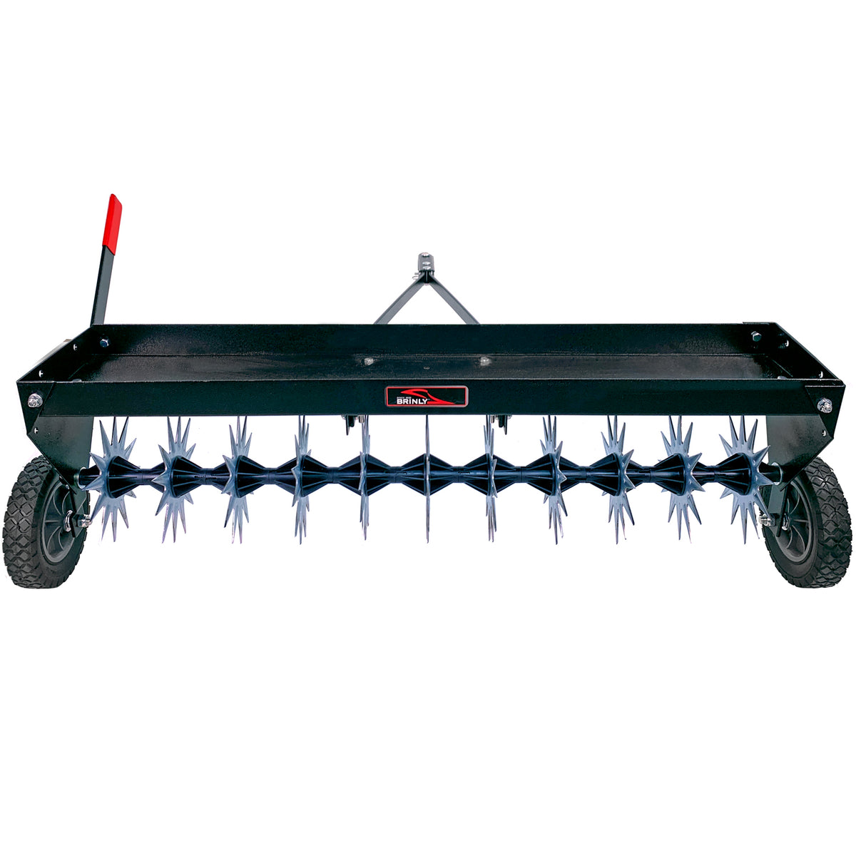 Brinly Parts 40" Tow-Behind Spike Aerator (SAT2-40BH-P) features an extra-strength double tow bar, black steel frame, spiky tines for aeration, two transport wheels, red-handled lever, and center hitch for mower or tractor attachment.