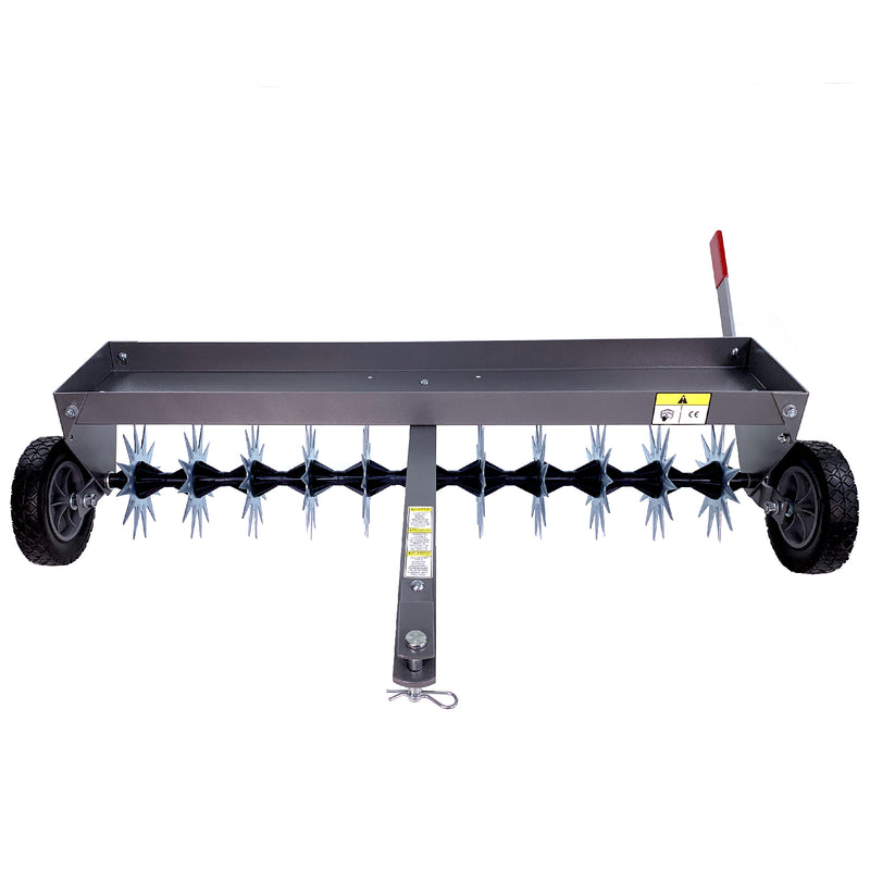 The Brinly Parts 40″ Tow-Behind Spike Aerator (SAT2-40BH-S) in hammered gunmetal features transport wheels and sharp metal spikes for effective lawn aeration.
