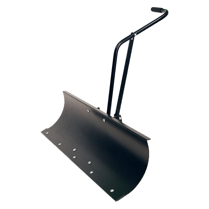 A Brinly Parts Front-Mount Blade for RYOBI Electric ZTRs (FB-42RYZT) features a curved steel snow blade and a long handle with a grip for easy maneuvering. The wide, smooth blade efficiently clears snow, ideal for RYOBI Electric Zero-Turn Mowers.