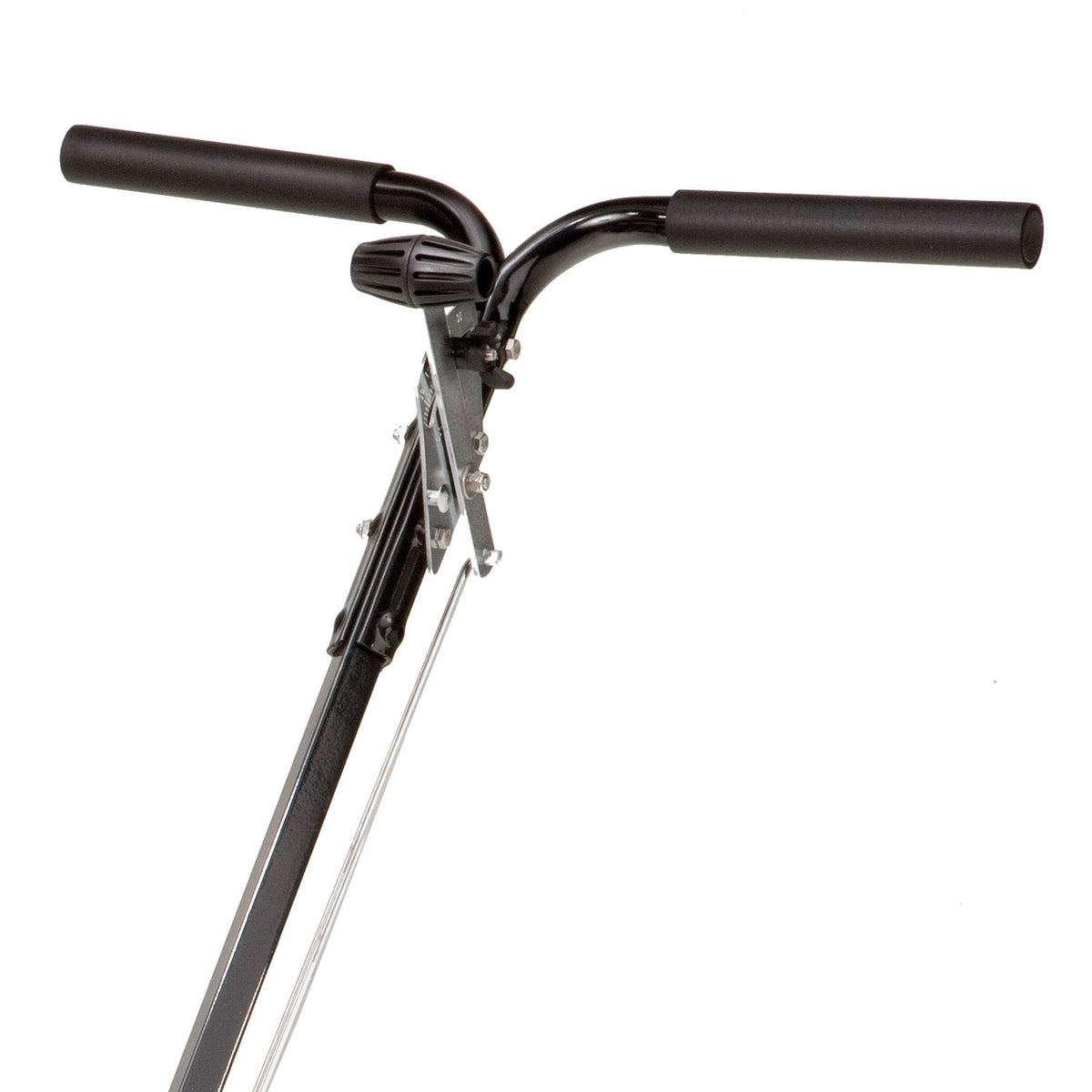 A close-up of a black scooter handlebar with grips and a folding mechanism evokes the simplicity of Brinly Parts 50 lb. Push Spreader (P20-500BH) design, with the handlebar attached to a metal stem, against a white background.