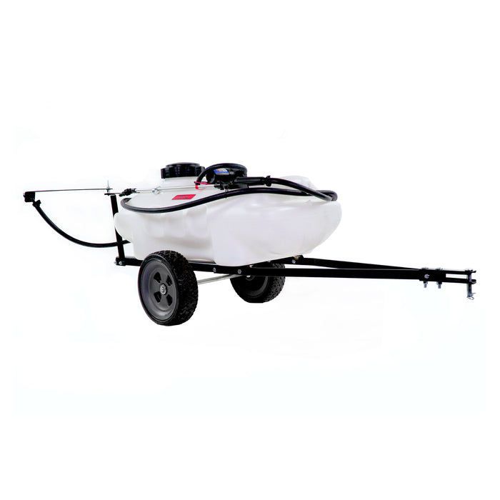 The Brinly Parts 15 Gallon Tow-Behind Sprayer (ST-152BH) features a white tank on a durable black metal frame with large tires, an extended hose, sprayer arm, and a long hitch for easy lawn and garden liquid distribution.