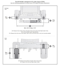 Diagram showing front and side views of the Brinly Parts 48” ZTR Dethatcher (DTZ-481BH) base, with adjustable width from 24.5"–37.5", height from 5.5"–13.5", and dual caster tubes for secure ZTR mower attachment.