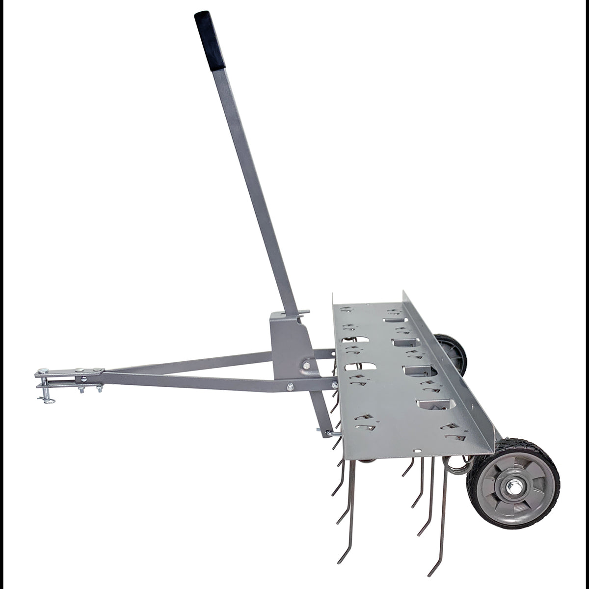 The Brinly Parts 40″ Dethatcher in Hammered Gunmetal | DT2-40BH-S, features a side view with a long handle, spiked tines, and two wheels for efficient lawn thatch removal. Its adjustable handle and frame boost versatility.