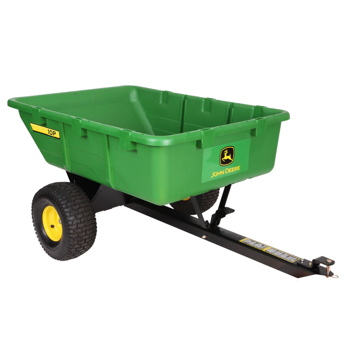 The John Deere 10 cu. ft. Poly Cart (PCT-100JD/LPPCT10JD) features a green design with two large black wheels and a sturdy tow bar. It has a yellow John Deere logo, ideal for lawn tractors, and offers a 650 lb. capacity for easy transport of various materials.