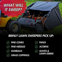 The Brinly Parts 42″ Lawn Sweeper with DOUBLE-HELIX Brushes (LS2-42BH2-G), attaches to a lawn tractor to collect pine cones, pine needles, gumballs, grass clippings, twigs, acorns, leaves, and other lawn debris.