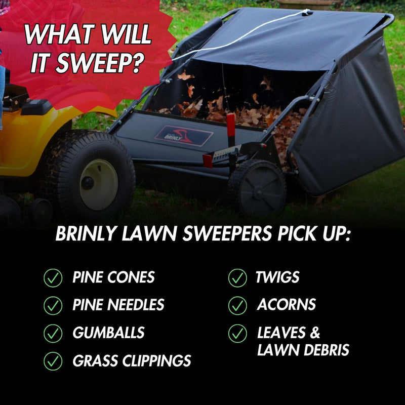 The Brinly Parts 42″ Lawn Sweeper with DOUBLE-HELIX Brushes (LS2-42BH2-G), attaches to a lawn tractor to collect pine cones, pine needles, gumballs, grass clippings, twigs, acorns, leaves, and other lawn debris.