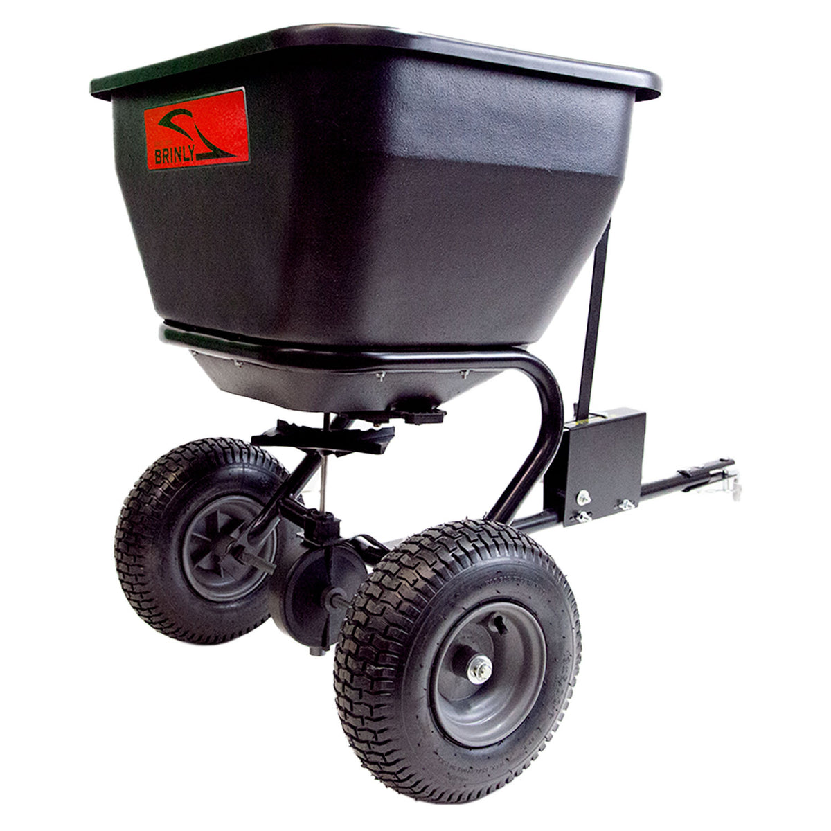 The Brinly Parts 175 Lb. Tow-Behind Spreader | BS36BH features a rust-proof polyethylene hopper, sturdy metal frame, and two large pneumatic tires. It has a universal hitch for vehicle attachment and a red label on the front.