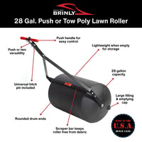 A black 28-gallon Brinly Parts PRC-243BH push or tow poly lawn roller with a steel handle, red grips, and labeled features including a universal hitch pin, scraper bar, large cap, rounded ends, and lightweight storage information. Features a "Made in the USA" badge.