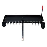 The Brinly Parts 40″ Spike Aerator (SAT-401BH) features 3D galvanized steel tines, transport wheels, a flat top tray, and a red handle for easy use and effective lawn aeration.